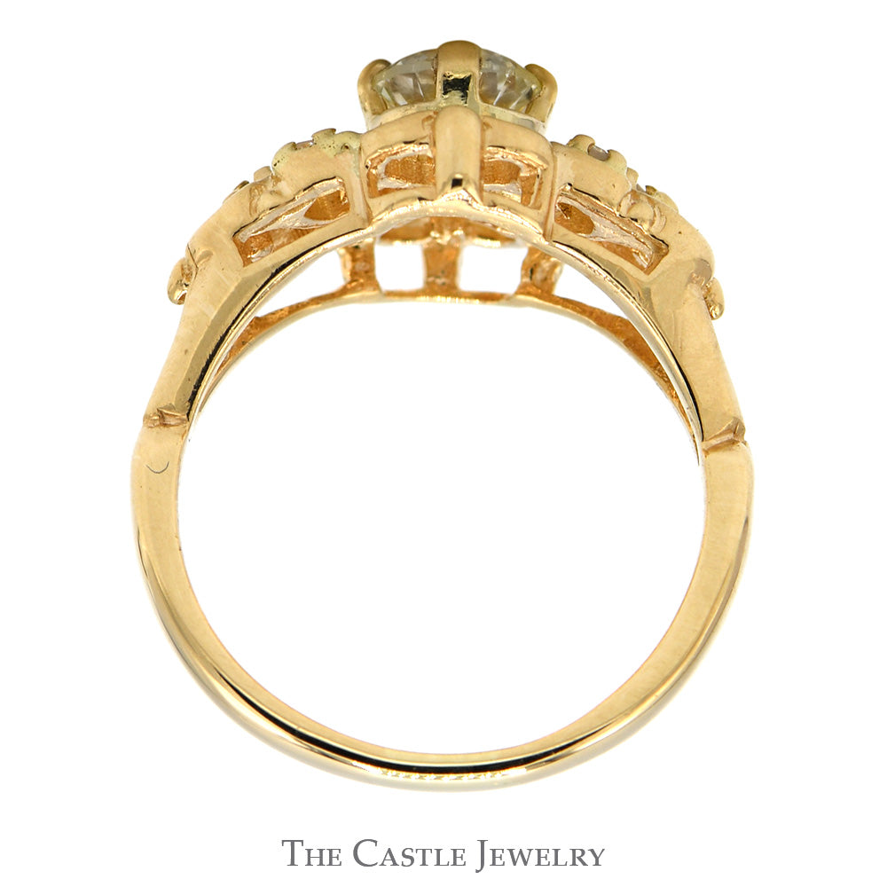 Antique Style Round Diamond Ring with Diamond Accented Open Floral Design in 14k Yellow Gold