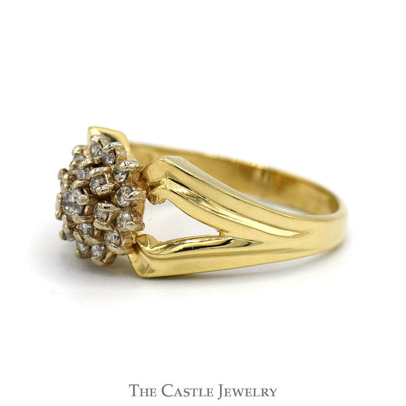 Snowflake Diamond Cluster Ring with Split Shank Sides in 14k Yellow Gold