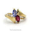 Marquise Cut Tanzanite & Rhodalite Garnet Ring with Diamond Accented Bypass Design in 14k Yellow Gold - Thumbnail 1