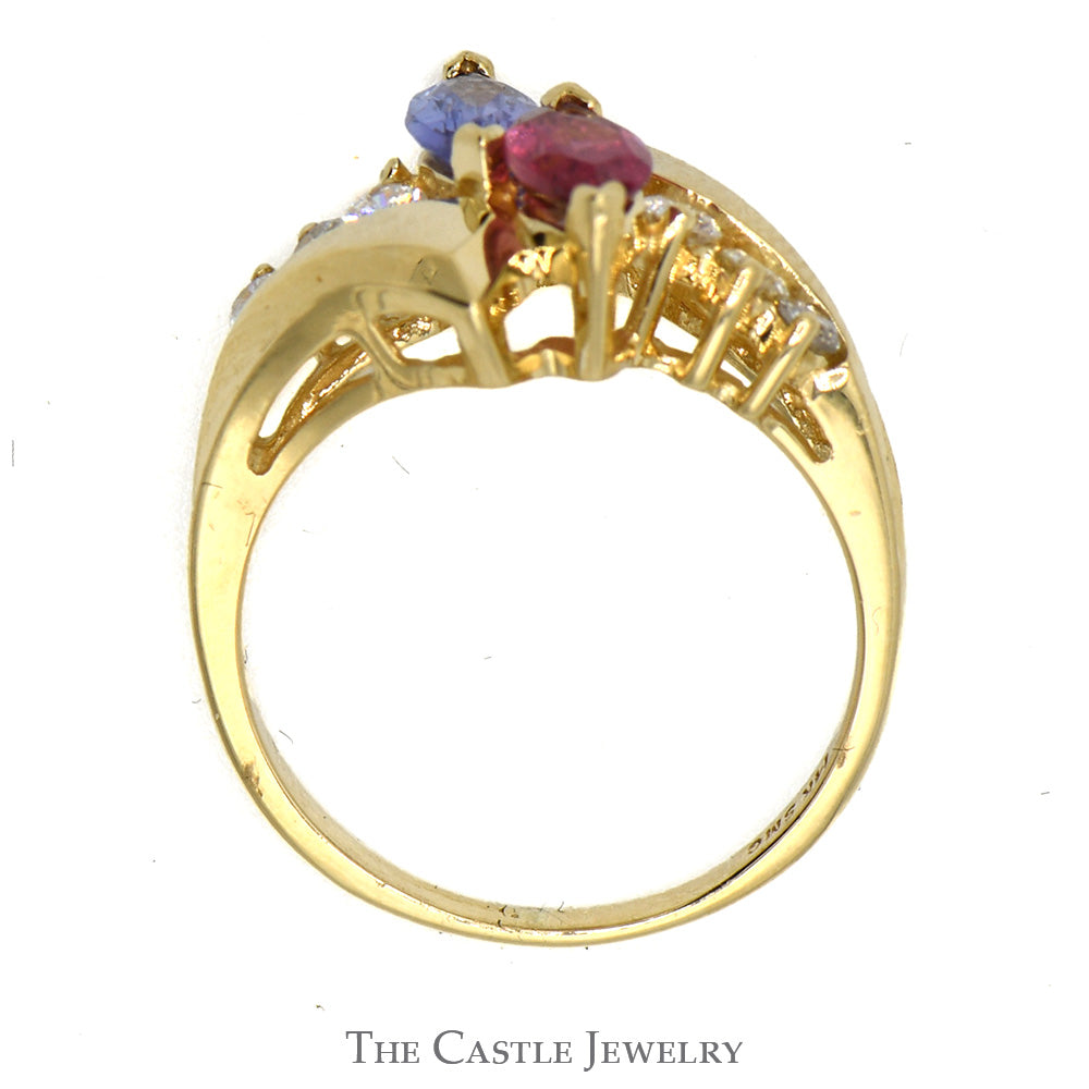 Marquise Cut Tanzanite & Rhodalite Garnet Ring with Diamond Accented Bypass Design in 14k Yellow Gold