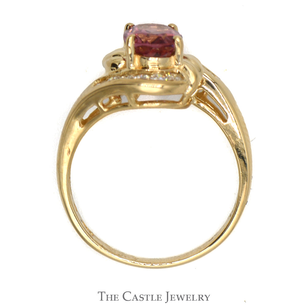 Oval Pink Tourmaline And Channel-Set Diamond Ring in Bypass Design 14 KT Yellow Gold