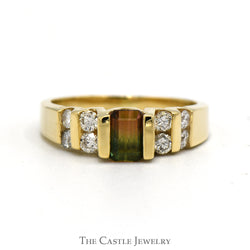 Emerald Cut Watermelon Tourmaline Ring With Channel-Set Diamonds .38 CTTW In 14KT Yellow Gold