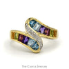 Baguette Cut Multi Gem Channel Set Bypass Ring with Diamond Accents in 14k Yellow Gold - Thumbnail 1