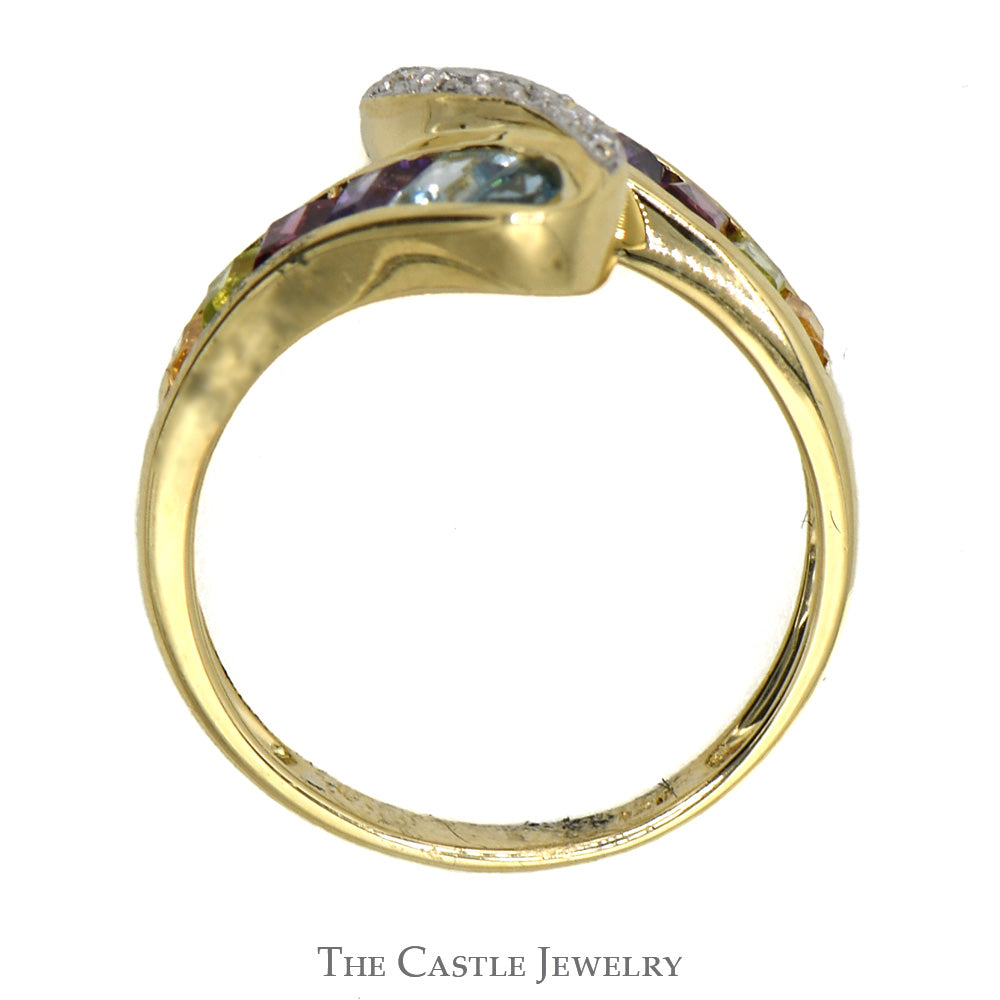 Baguette Cut Multi Gem Channel Set Bypass Ring with Diamond Accents in 14k Yellow Gold