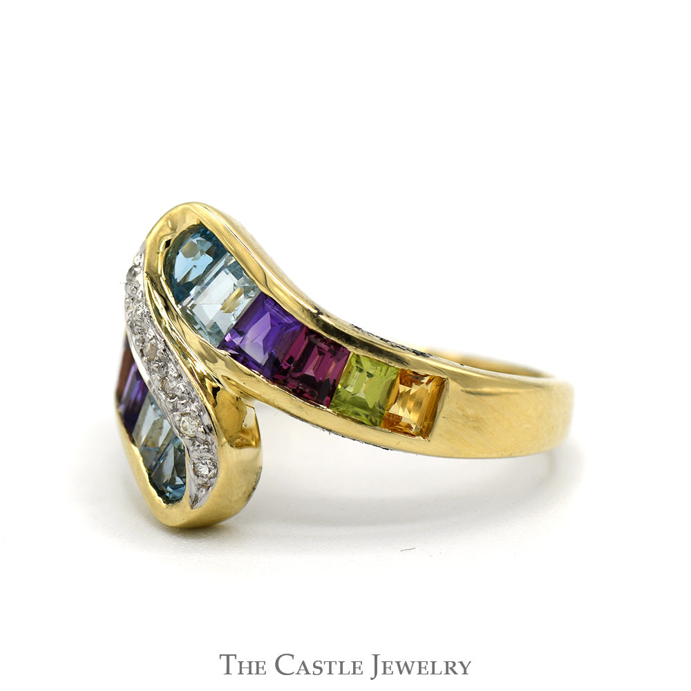 Baguette Cut Multi Gem Channel Set Bypass Ring with Diamond Accents in 14k Yellow Gold