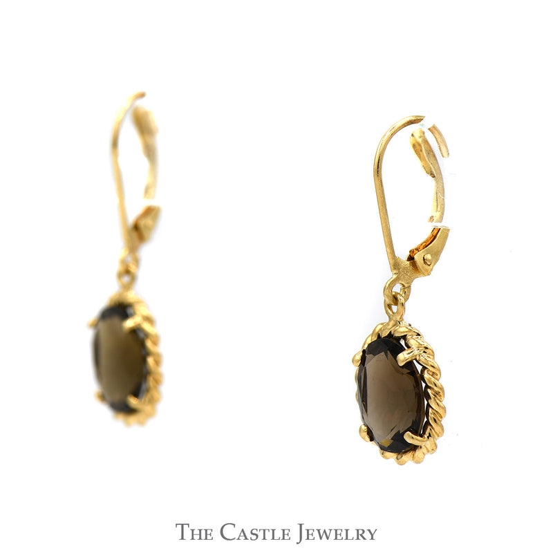 Oval Smoky Quartz Dangle Style Earrings With Lever Backs In 14KT Yellow Gold
