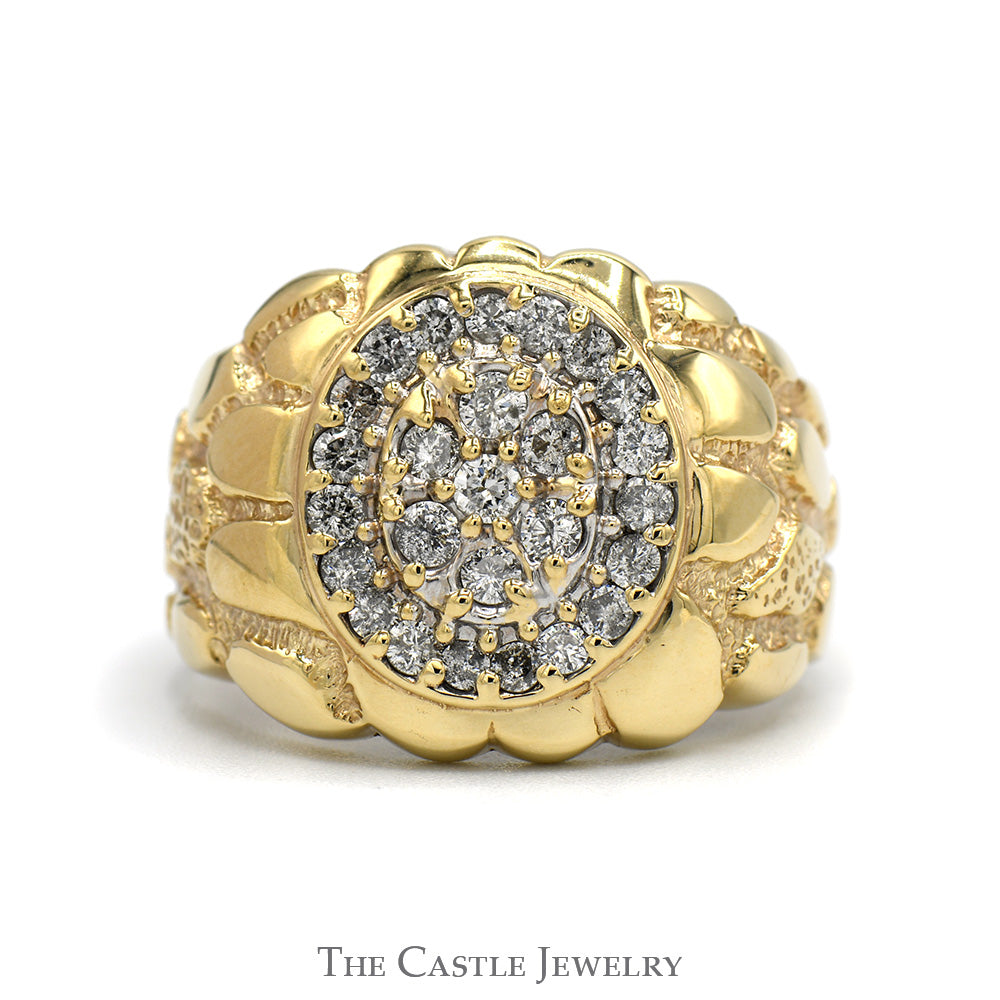 1.5cttw Oval Shaped Diamond Cluster Ring with Nugget Designed Sides in 10k Yellow Gold