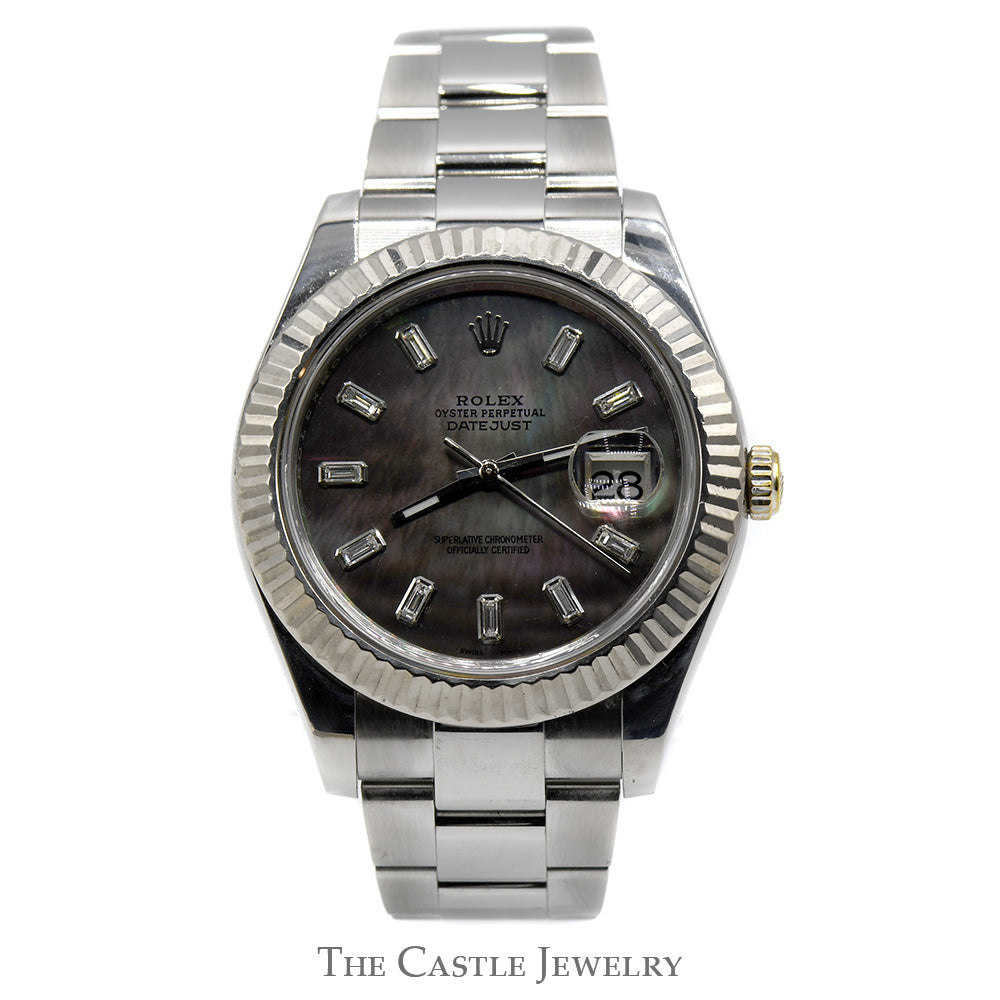 Rolex Datejust 116300 with Black Mother of Pearl Dial and Baguette Diamond Hour Markers in Stainless Steel Oyster Band