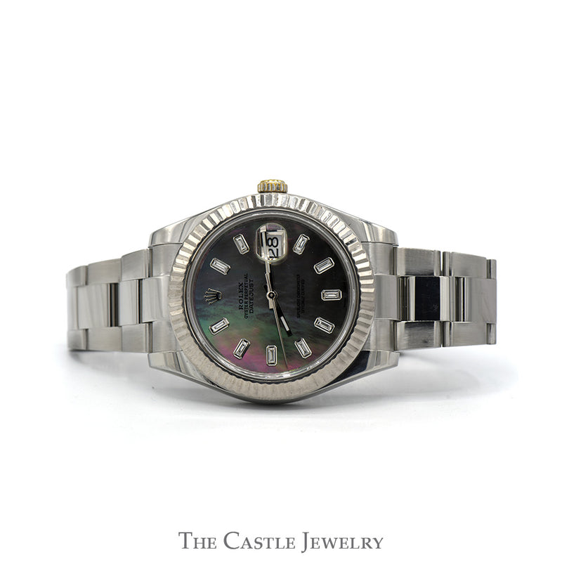 Rolex Datejust 116300 with Black Mother of Pearl Dial and Baguette Diamond Hour Markers in Stainless Steel Oyster Band