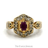 Oval Ruby Shield ring with Diamond Halo and Accents in 14k Yellow Gold Vintage Mounting - Thumbnail 1