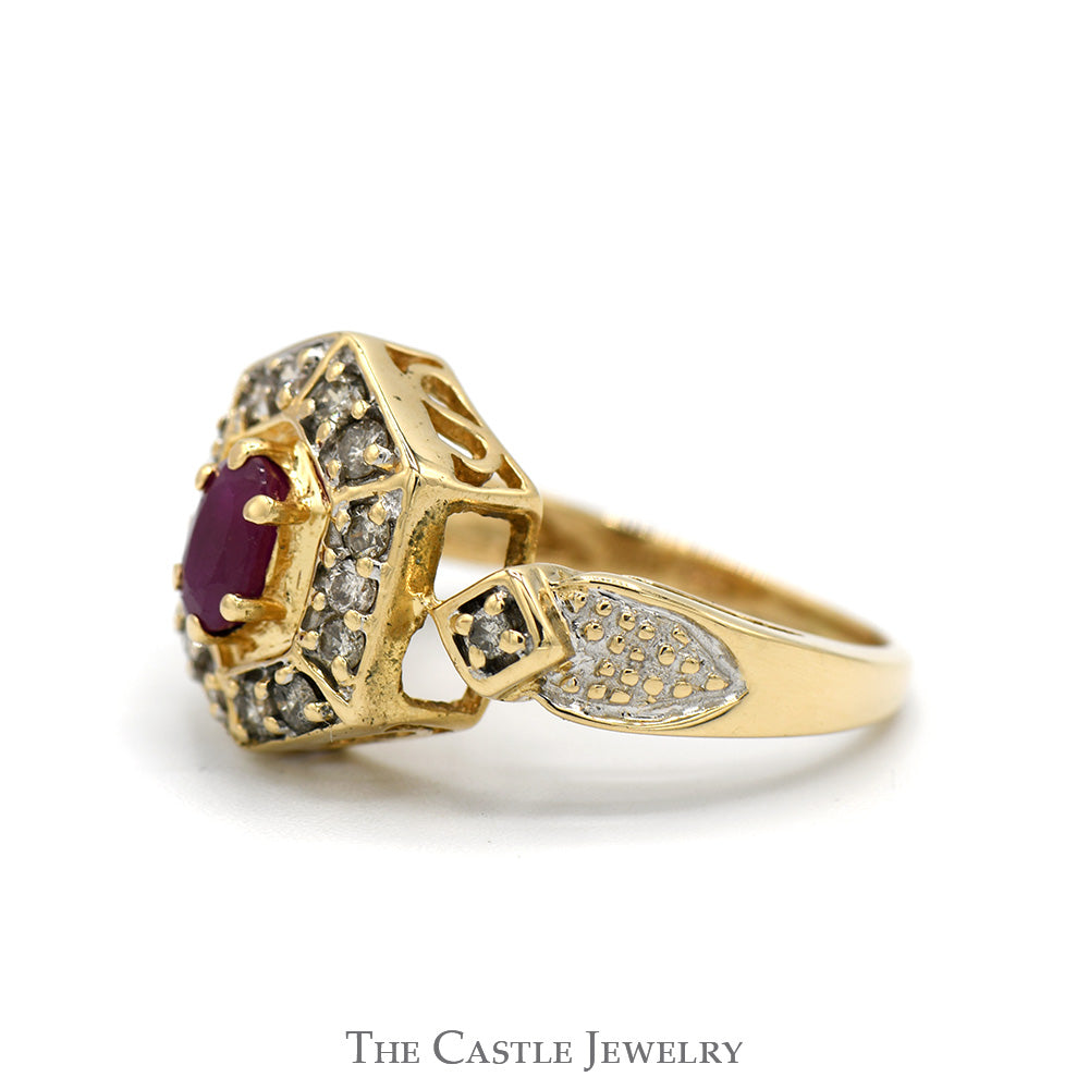 Oval Ruby Shield ring with Diamond Halo and Accents in 14k Yellow Gold Vintage Mounting