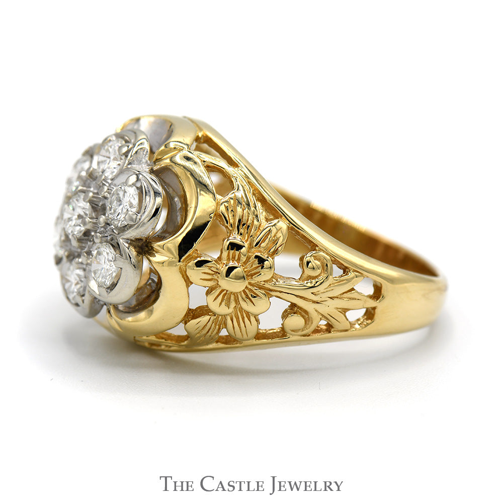 2cttw 7 Round Diamond Cluster Ring with Open Filigree Sides in 14k Yellow Gold