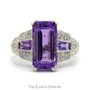 Emerald Cut Amethyst Ring with Baguette Amethyst Sides and Diamond Accents in 14k White Gold - Thumbnail 1