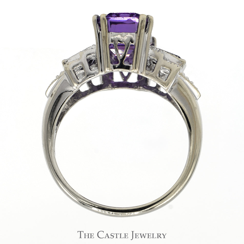 Emerald Cut Amethyst Ring with Baguette Amethyst Sides and Diamond Accents in 14k White Gold