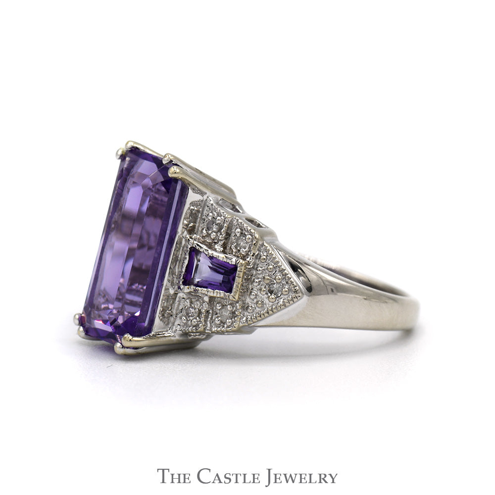 Emerald Cut Amethyst Ring with Baguette Amethyst Sides and Diamond Accents in 14k White Gold