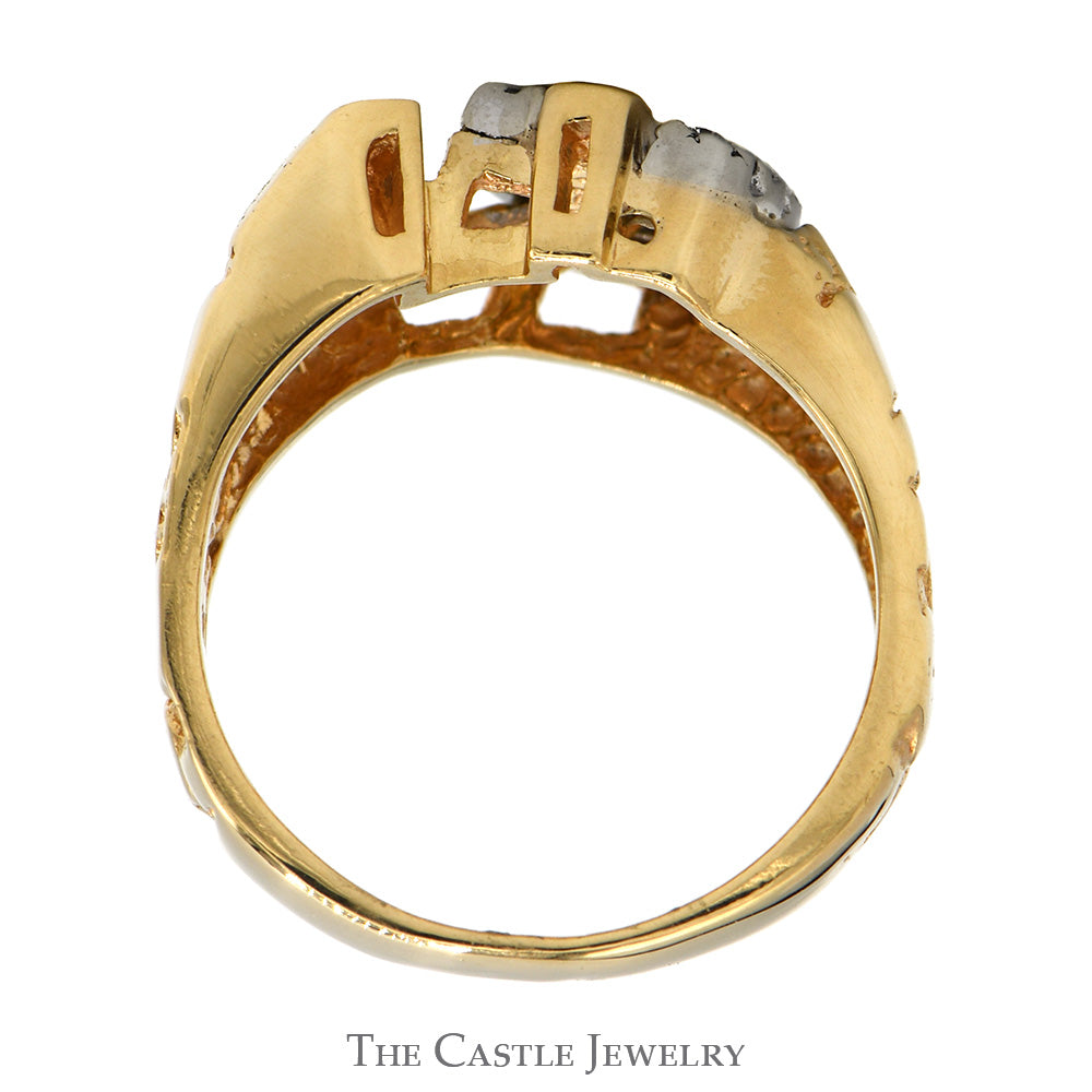 Double Horseshoe Ring with Diamond Accents and Nugget Designed Sides in 14k Yellow Gold