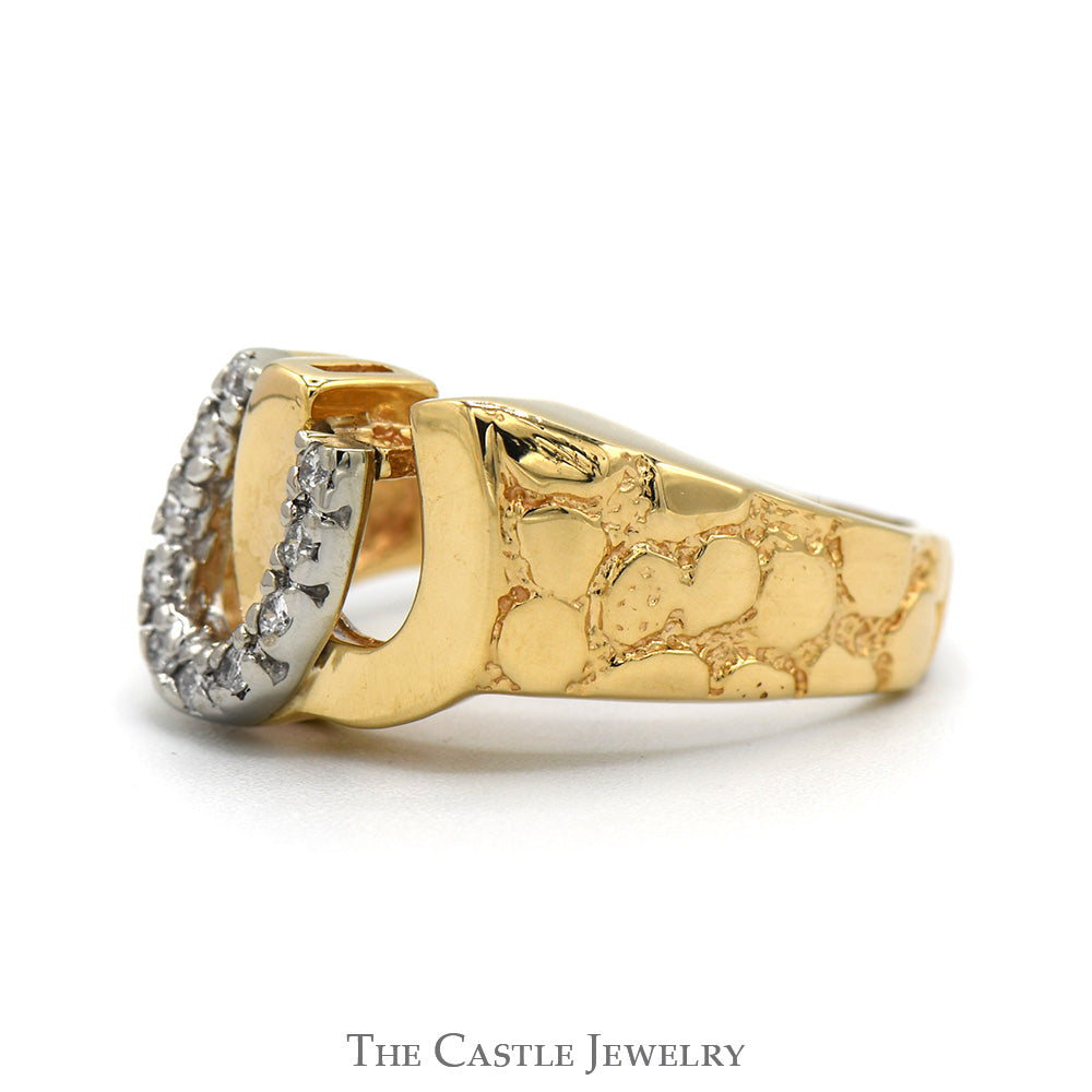 Double Horseshoe Ring with Diamond Accents and Nugget Designed Sides in 14k Yellow Gold