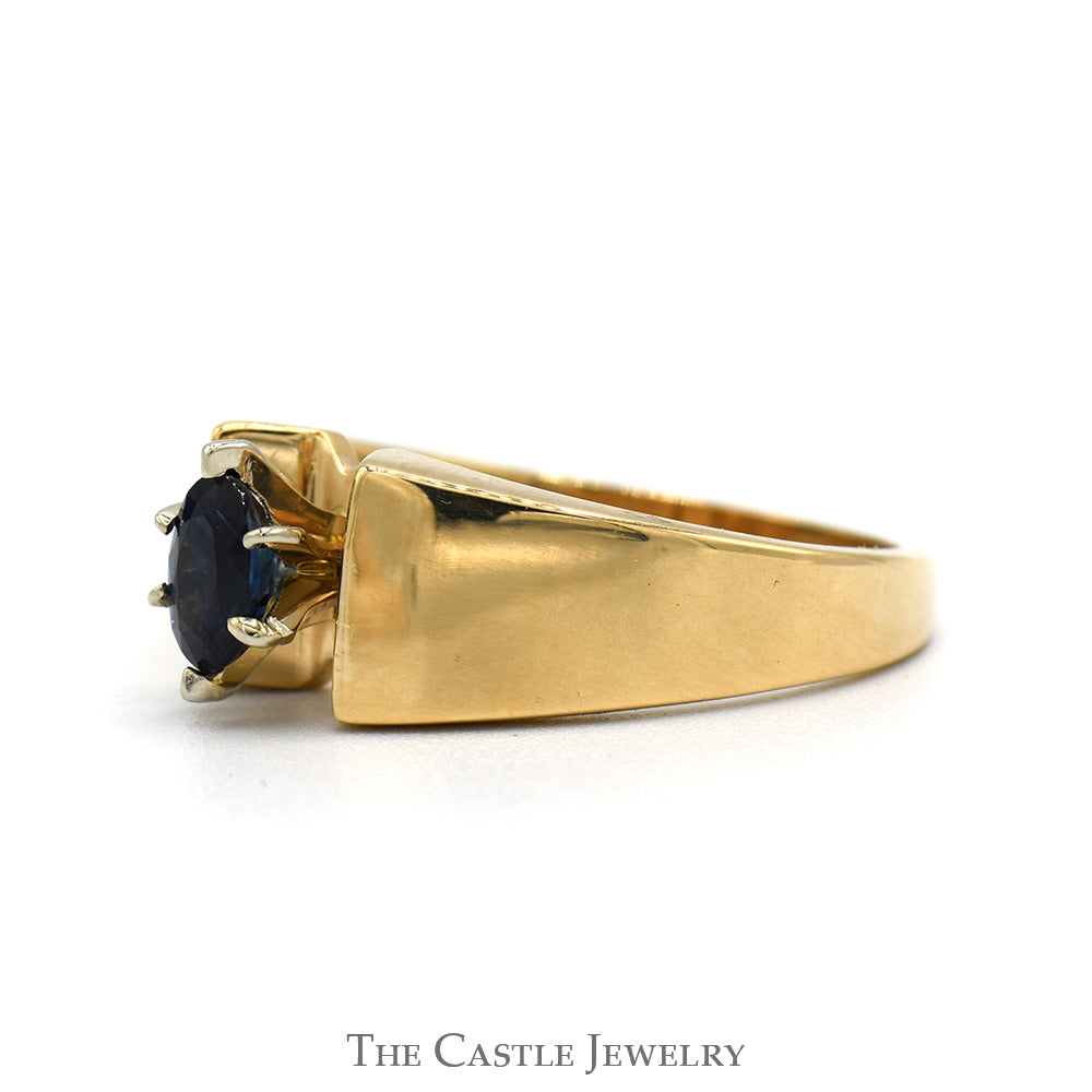 Oval Sapphire Solitaire Ring with Wide Polished Band in 14k Yellow Gold