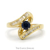 Round Sapphire Ring with Channel Set Diamond Accents in 14k Yellow Gold Bypass Mounting - Thumbnail 1