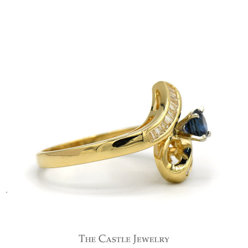 Round Sapphire Ring with Channel Set Diamond Accents in 14k Yellow Gold Bypass Mounting