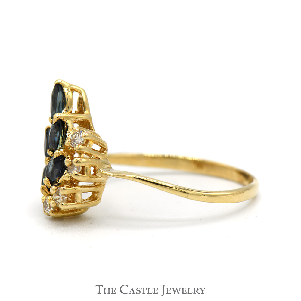 Marquise Cut Sapphire & Round Diamond Cluster Ring in 14k Yellow Gold