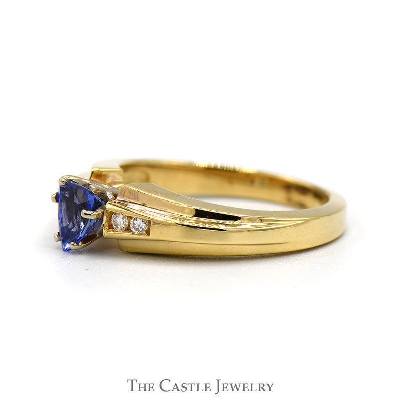Trillion Cut Tanzanite Ring with Channel Set Diamond Accents in 14k Yellow Gold