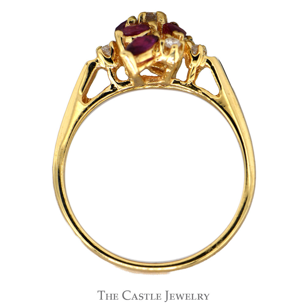 Marquise Cut Ruby and Round Diamond Cluster Ring in 14k Yellow Gold