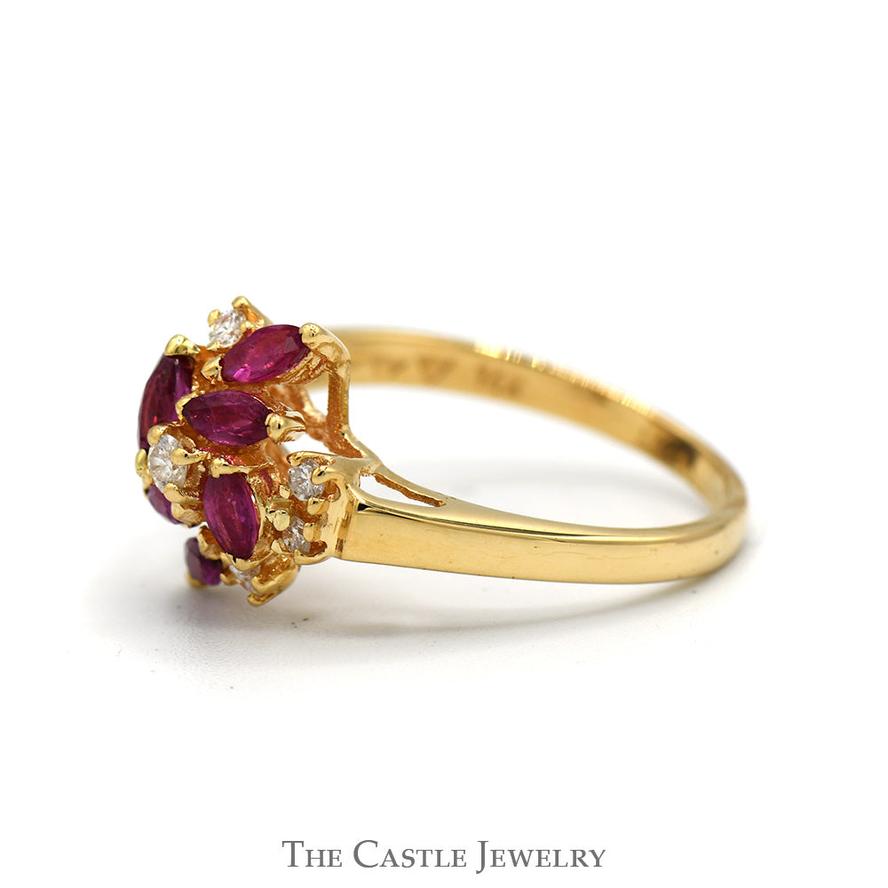 Marquise Cut Ruby and Round Diamond Cluster Ring in 14k Yellow Gold