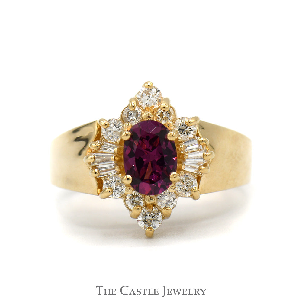 Oval Cut Rhodalite Garnet Ring with Baguette and Round Diamond Halo in 14k Yellow Gold