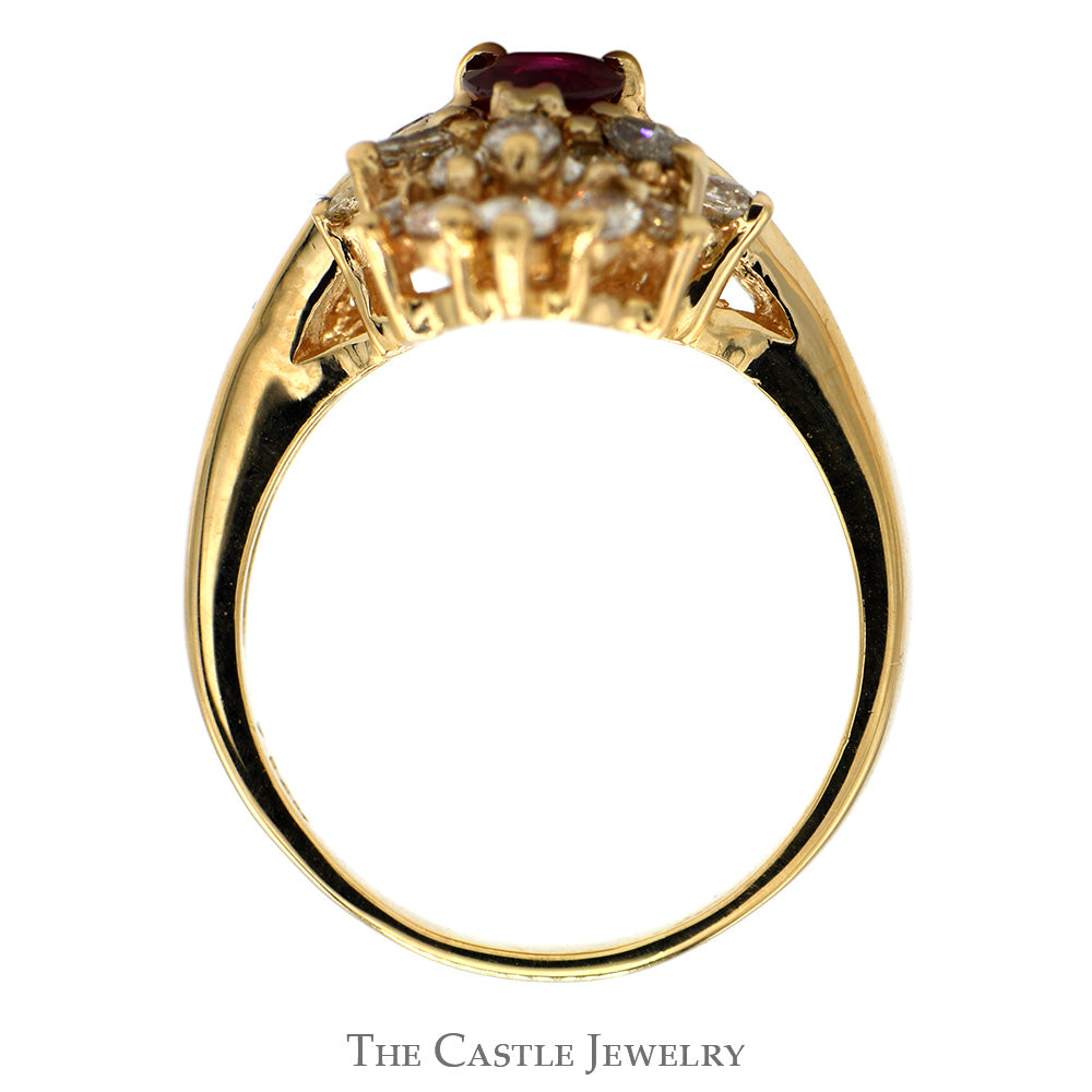 Pear Cut Ruby Ring with 2cttw Diamond Cluster and Accents in 14k Yellow Gold