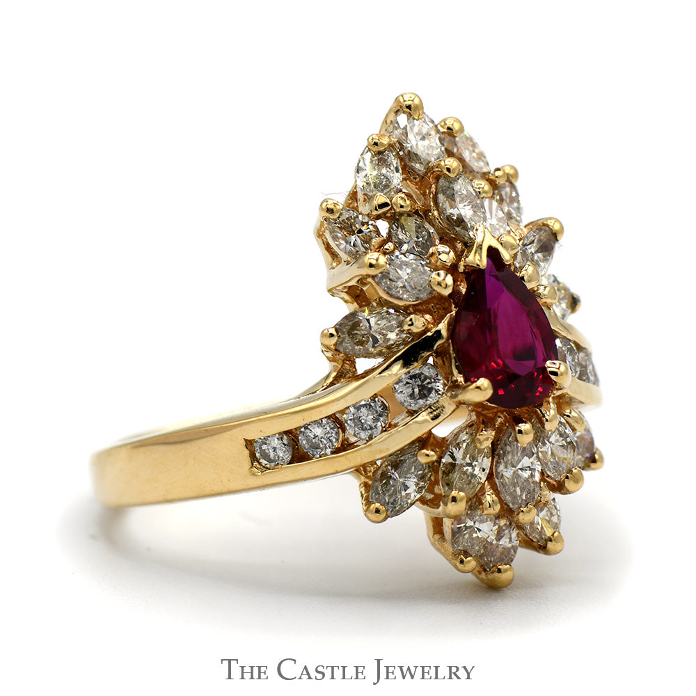 Pear Cut Ruby Ring with 2cttw Diamond Cluster and Accents in 14k Yellow Gold
