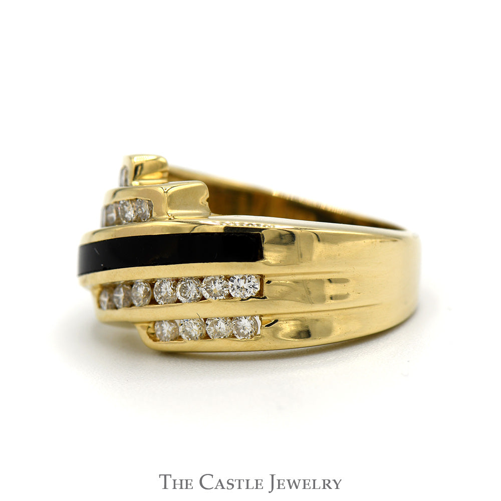 Black Onyx Inlay and Channel Set Diamond Bypass Ring in 14k Yellow Gold