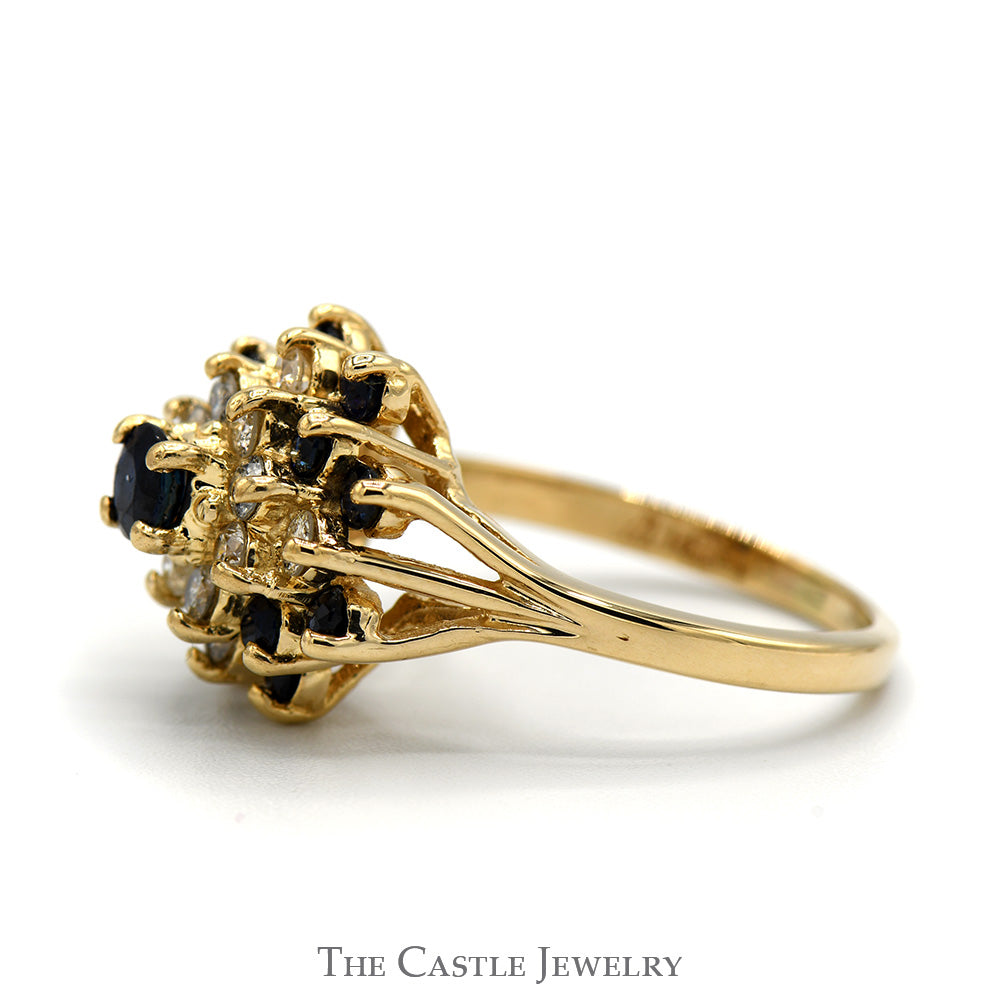 Vintage Style Sapphire & Diamond Cluster Ring in 14k Yellow Gold