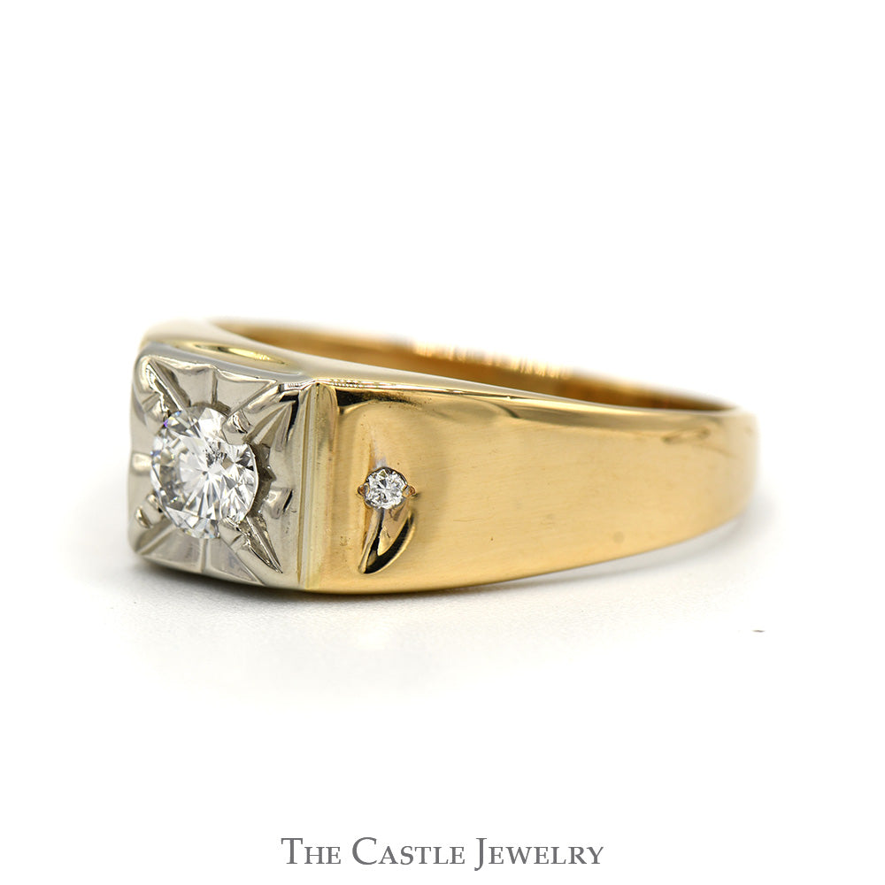 Men's 1/2cttw Round Diamond Solitaire with Diamond Accented Sides in 10k Yellow Gold