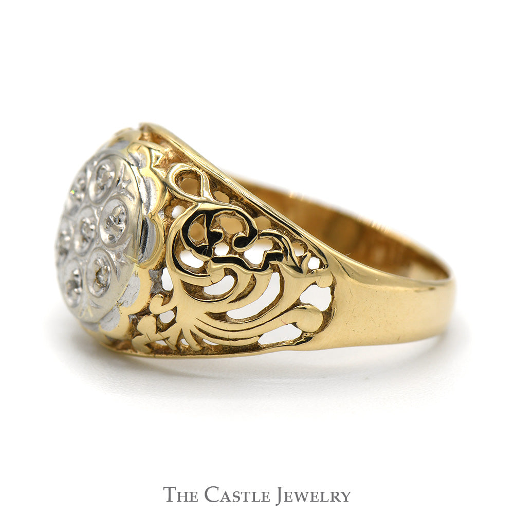 7 Diamond Kentucky Cluster Ring with Open Filigree Sides in 10k Yellow Gold