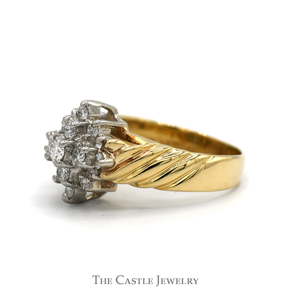 1/4cttw Diamond Starburst Cluster Ring with Ridged Sides in 14k Yellow Gold