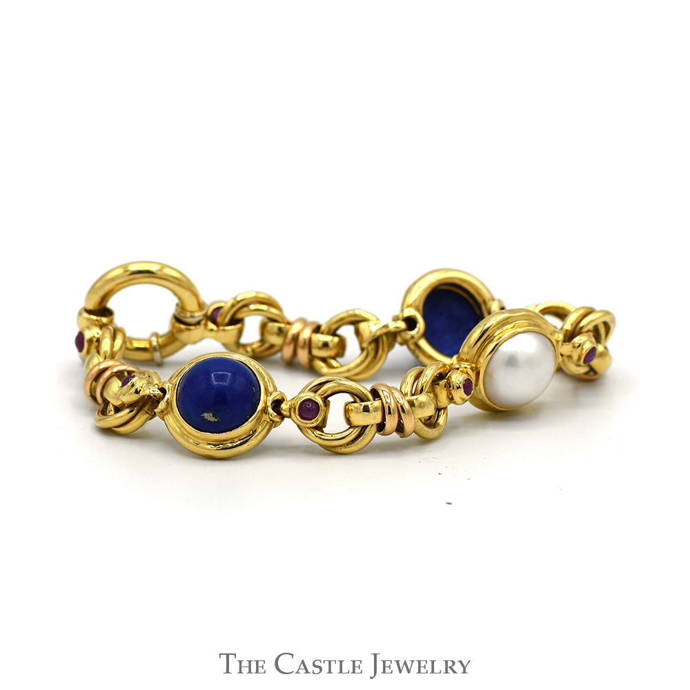 7 1/2 inch Round Cabochon Lapis and Mabe Pearl Link Bracelet with Round Ruby Accents in 18k Yellow Gold