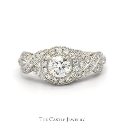1cttw Round Diamond Neil Lane Designer Engagement Ring with Diamond Halo and Accented Twisted Sides in 14k White Gold