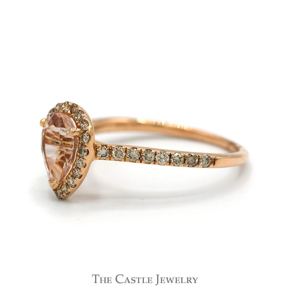 Pear Cut Morganite Le Vian Designer Ring with Diamond Halo and Accented Sides in 14k Rose Gold