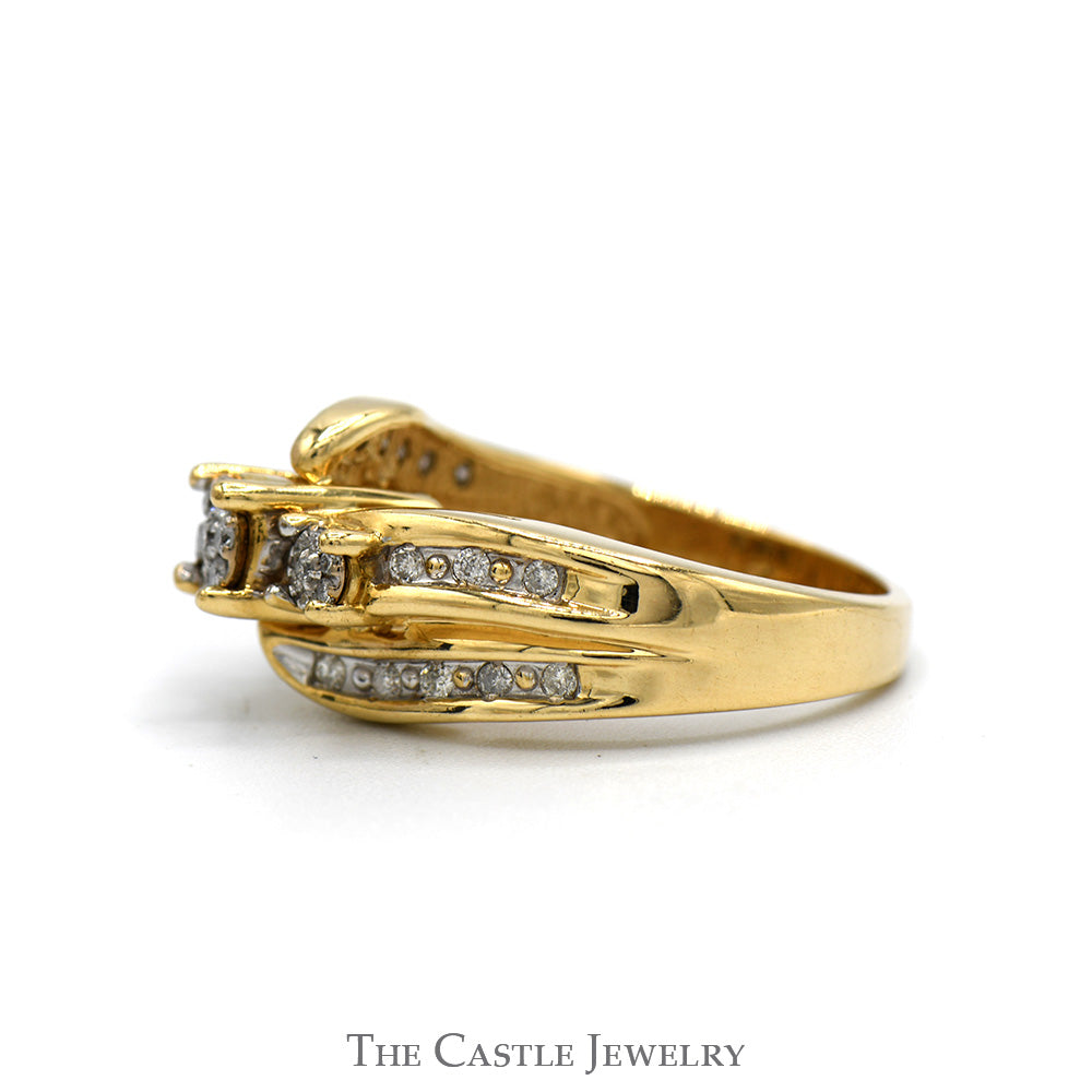 1/3cttw Triple Diamond Cluster Ring with Accented sides in 10k Yellow Gold