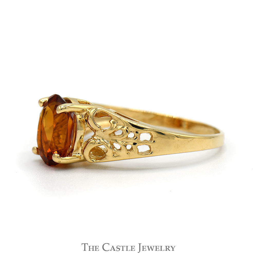 Oval Citrine Ring with Open Filigree Sides in 10k Yellow Gold