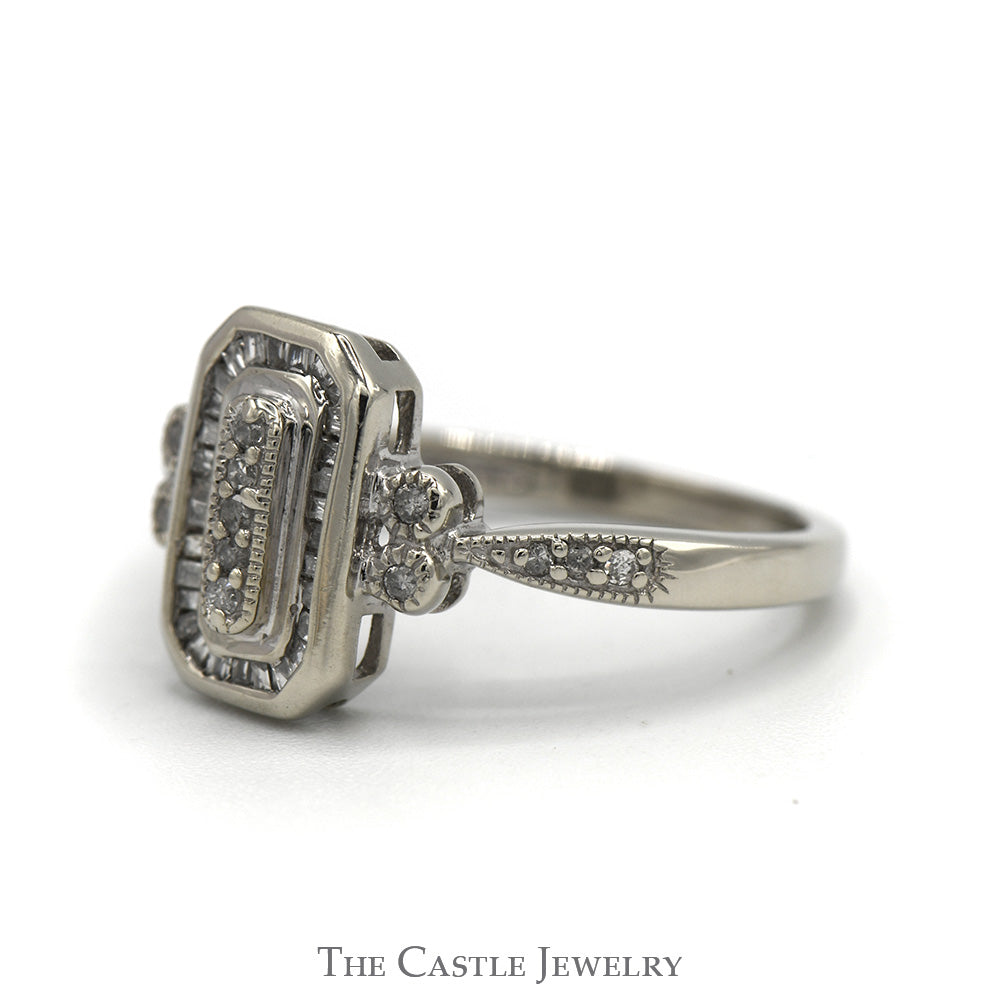 Art Deco Inspired 1/4cttw Diamond Engagement Ring with Baguette and Round Accents in 10k White Gold