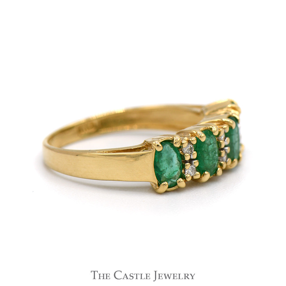 Four Oval Emerald Ring with Diamond Accents in 14k Yellow Gold