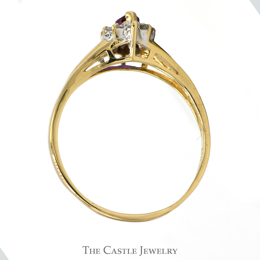 Marquise Cut Ruby Ring with Diamond Halo in 14k Yellow Gold