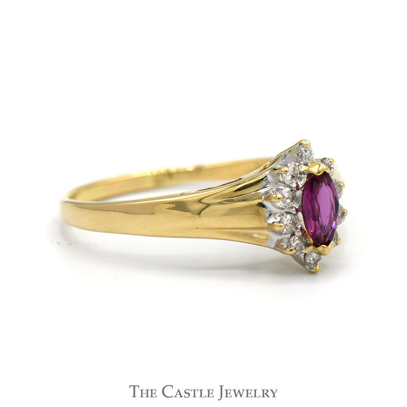 Marquise Cut Ruby Ring with Diamond Halo in 14k Yellow Gold