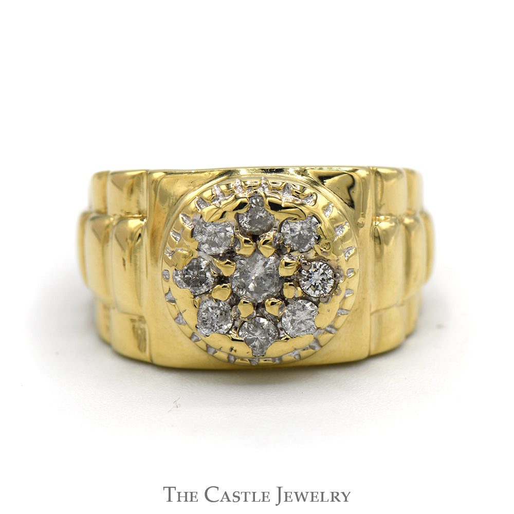 1/2cttw Round Diamond Cluster Men's Ring with Ridged Rolex Designed Sides in 14k Yellow Gold