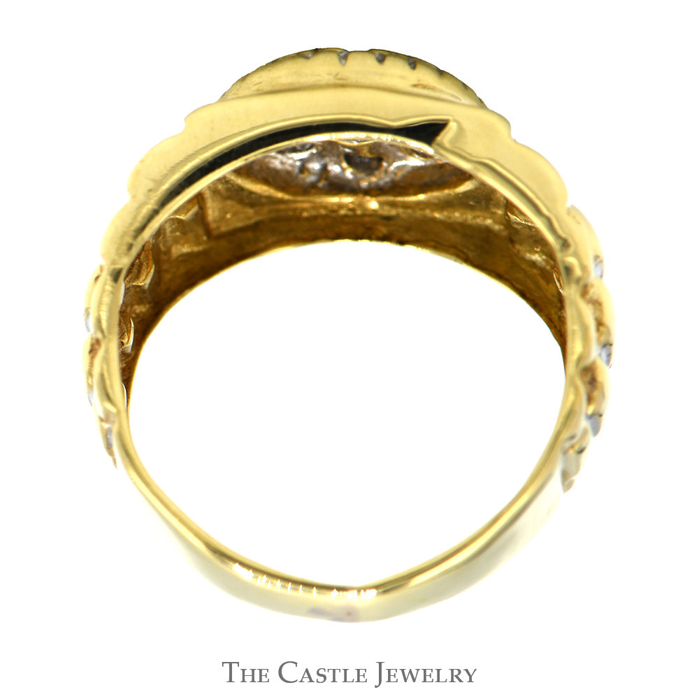 1/2cttw Round Diamond Cluster Men's Ring with Ridged Rolex Designed Sides in 14k Yellow Gold