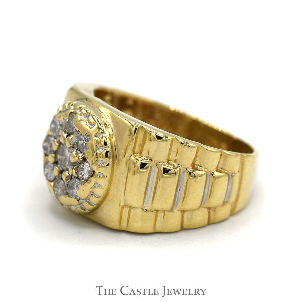 1/2cttw Round Diamond Cluster Men's Ring with Ridged Rolex Designed Sides in 14k Yellow Gold