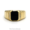Rectangular Black Onyx Ring with Diamond Accents in 10k Yellow Gold Grooved Mounting - Thumbnail 1