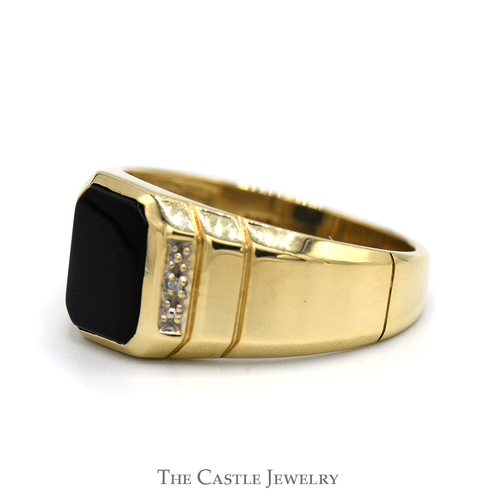 Rectangular Black Onyx Ring with Diamond Accents in 10k Yellow Gold Grooved Mounting